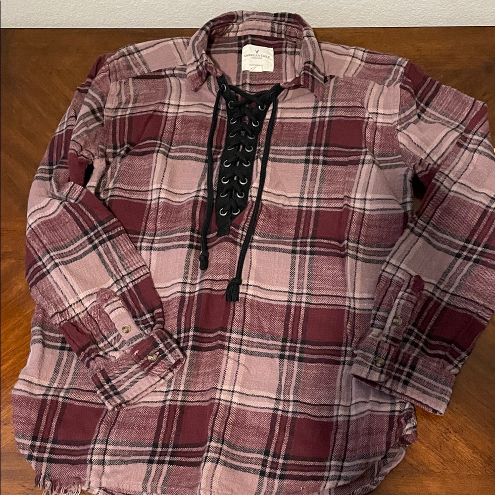 American Eagle Plaid Lace-Up Shirt - Red and Black